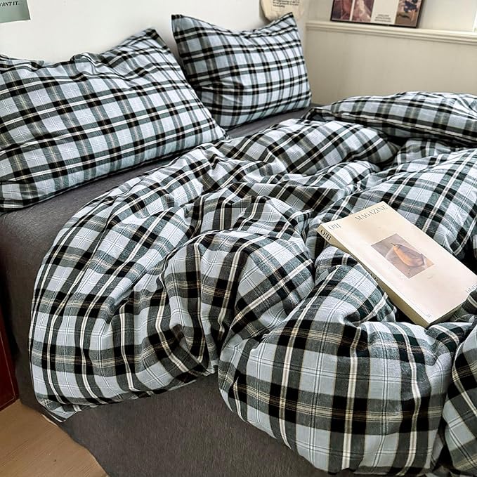 mixinni Vintage Grey & Pale Blue Buffalo Plaid Duvet Cover Set Full Size - Image 6