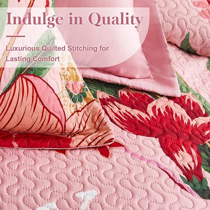 Tyrot 3 Piece Pink Boho Floral Full/Queen Quilt Sets Farmhouse Botanical - Image 4