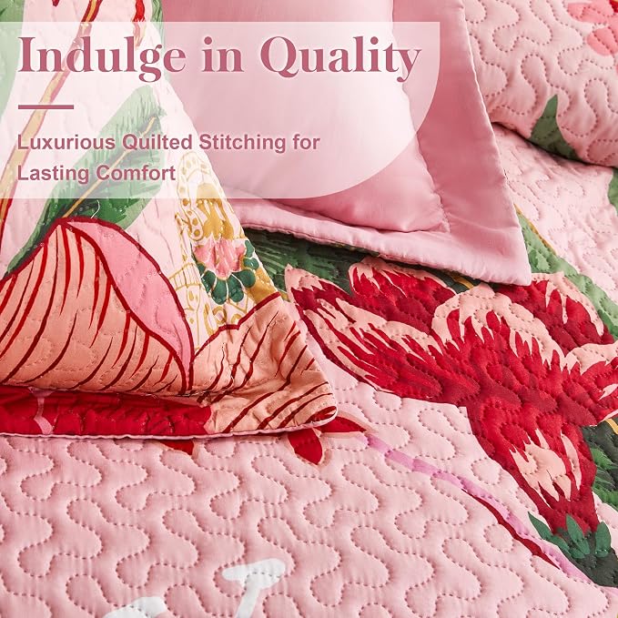 Tyrot 3 Piece Pink Boho Floral Californial King Quilt Sets Farmhouse Botanical - Image 4