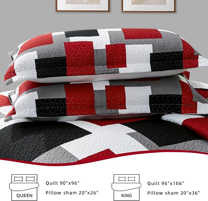 Tyrot 3 Piece Red Black Grey Quilt Set King Size Red and White Geometric - Image 7