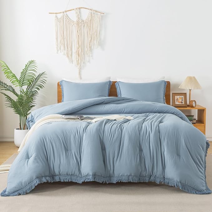 Andency Grayish Blue Comforter Set Twin Size, 2 Pieces Boho Tassel Lightweight - Image 7