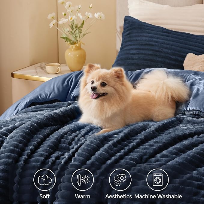 BEDELITE Fleece California King Comforter Set -Super Soft & Warm Fluffy Navy - Image 3