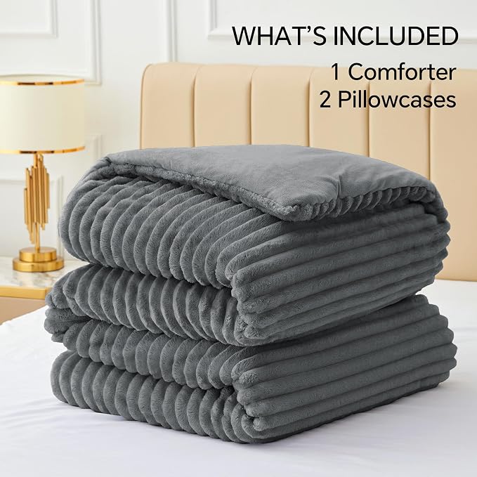 BEDELITE Fleece Queen Comforter Set -Super Soft & Warm Fluffy Grey Bedding - Image 6