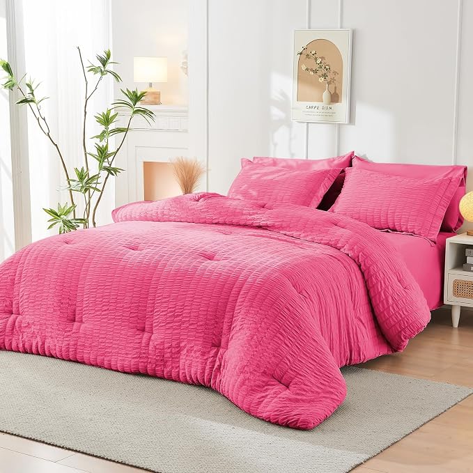 HYMOKEGE Hot Pink King Size Comforter Set Seersucker 7 Pieces, All Season - Image 8