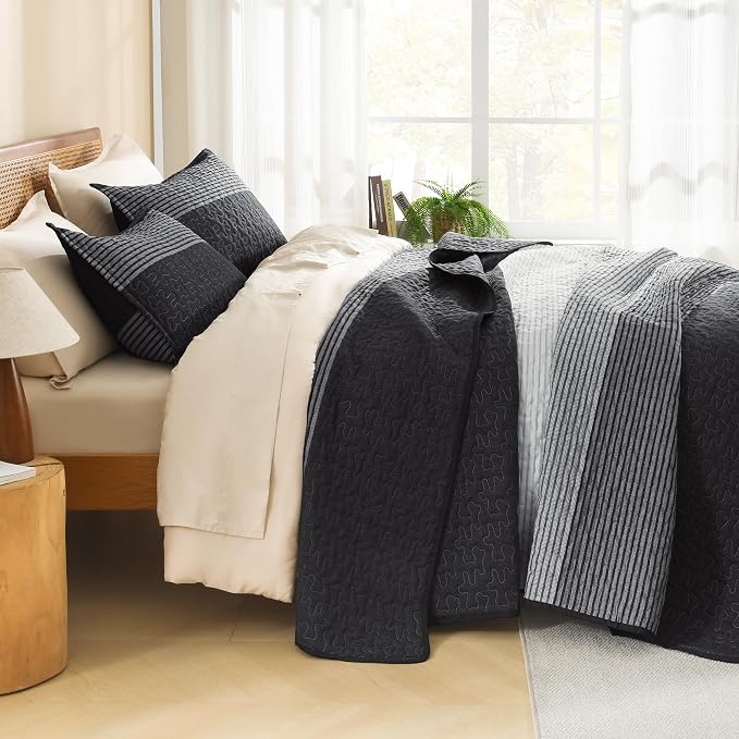 Litanika Oversized King Quilt Set Black and White, 120x98 Stripe Bedspread - Image 2