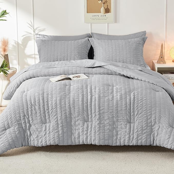 HYMOKEGE Light Grey Full Size Comforter Sets Seersucker 7 Pieces, All Season - Image 9
