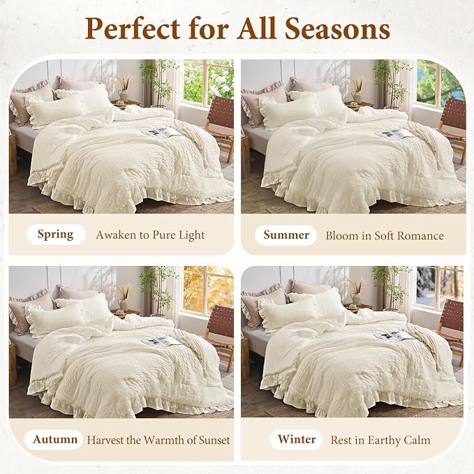 JOLLYVOGUE Ivory Twin Size Comforter Set, 2 Pieces Seersucker Lightweight - Image 6