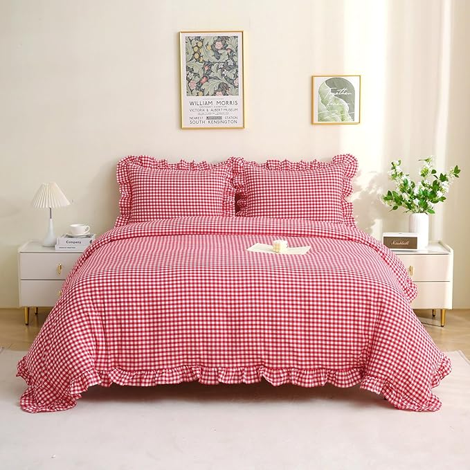 Silnuo Red/White Checkered Ruffle 3-Piece Duvet Cover Set Full Size, Washed - Image 2