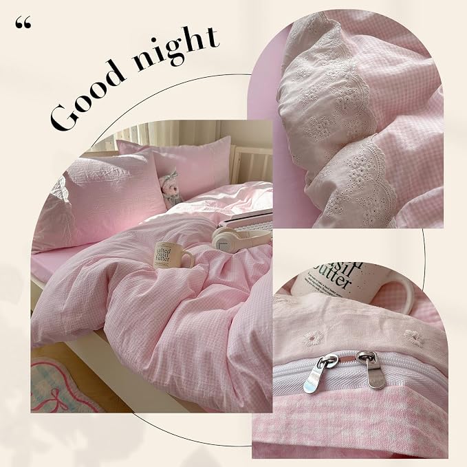 mixinni Pink Gingham Duvet Cover Queen Size - Image 6