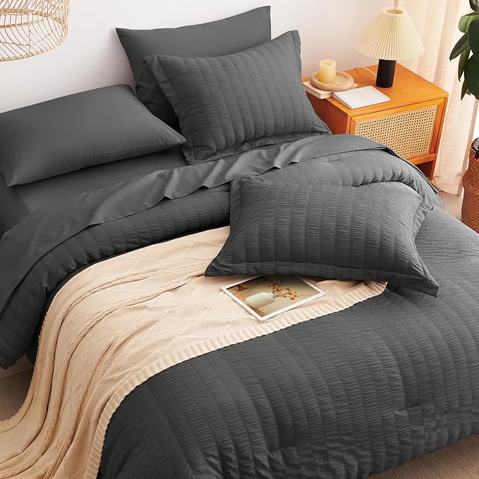 CozyLux King Size Comforter Set Dark Grey Seersucker 7 Pieces Bed in a Bag King - Image 6