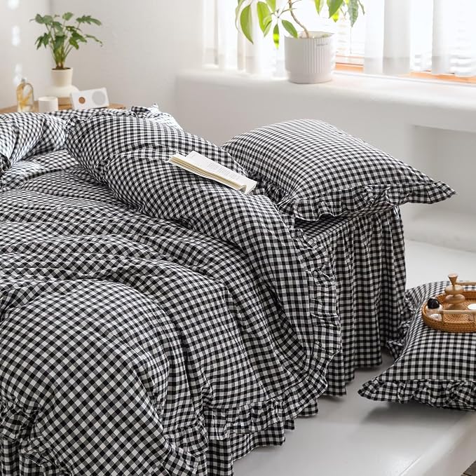 mixinni Black White Gingham Ruffle Duvet Cover Queen Size 3 Pieces – 100% - Image 4