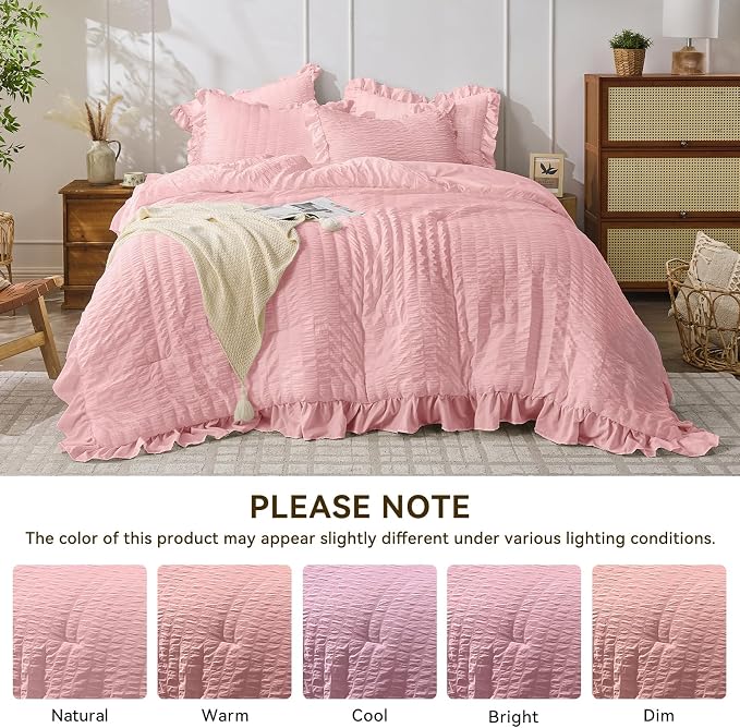 JOLLYVOGUE Pink Comforter Full Size, 3 Pieces Seersucker Lightweight Full Size - Image 8