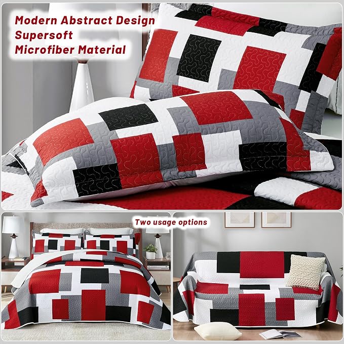 Tyrot 3 Piece Red Black Grey Quilt Set Full/Queen Size Red and White Geometric - Image 3