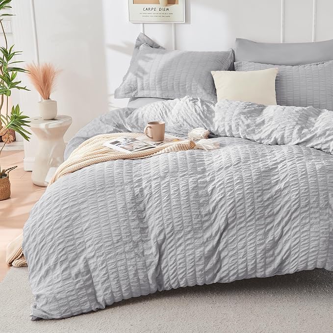 HYMOKEGE Light Grey California King Comforter Set Seersucker 7 Pieces, All - Image 2