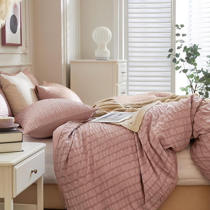 JELLYMONI Smokey Pink Duvet Cover Full Size, Soft Breathable Seersucker Duvet - Image 7