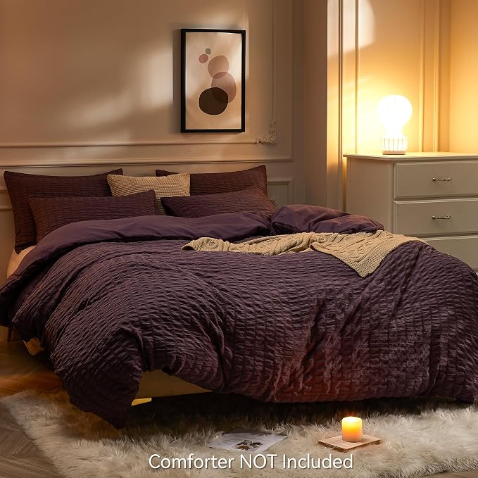 JELLYMONI Purple Duvet Cover Queen Size, Soft Breathable Seersucker Duvet Cover - Image 3