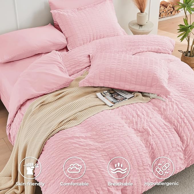 HYMOKEGE Pink Twin Comforter Set Seersucker 5 Pieces, All Season Luxury Bed in - Image 3