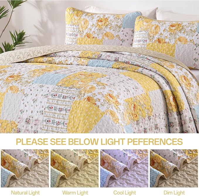 Anibedding Yellow Patchwork Quilt Set King Size Boho Floral Plaid Bedspread - Image 5