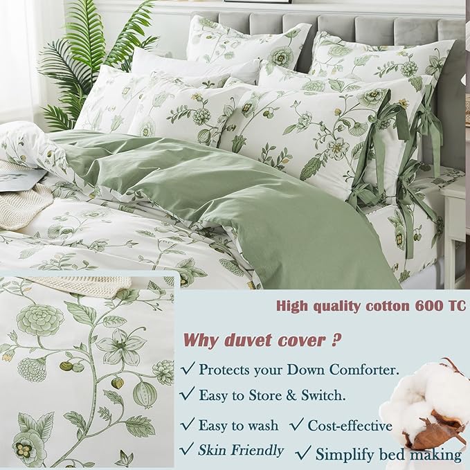 FADFAY Green Duvet Cover Set Queen Floral Bedding 100% Cotton Shabby Vintage - Image 5