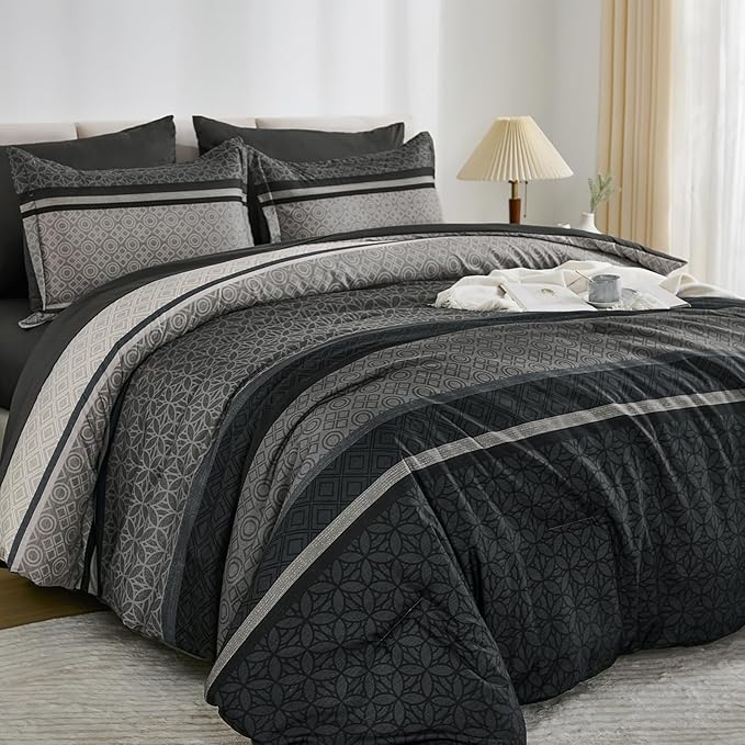 WONGS BEDDING Comforter Set Full Size, Dark Grey Striped 7 Pieces Bed in a Bag - Image 3