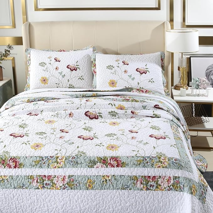 ROOMLIFE Quilt Set Full Size 3D Floral Embroidery Pattern 3-Piece Cotton - Image 4