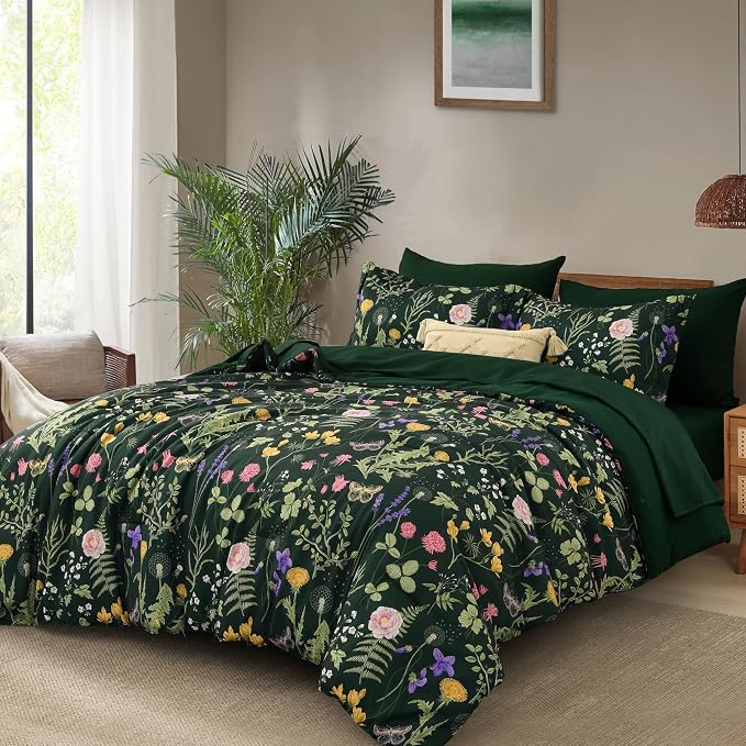 Yiran Dark Green California King Comforter Set, 7 Piece Summer Floral Comforter - Image 2