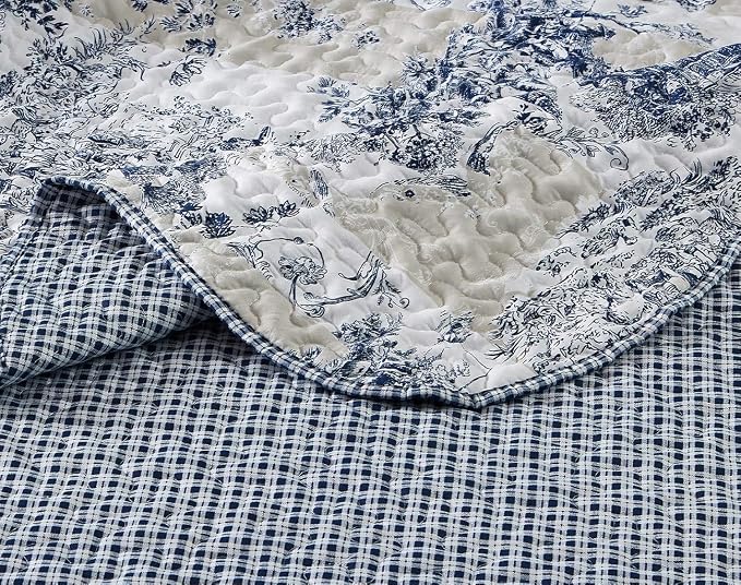 Brilliant Sunshine Blue Toile in Beige and Ivory Patches, 3-Piece Quilt Set - Image 5