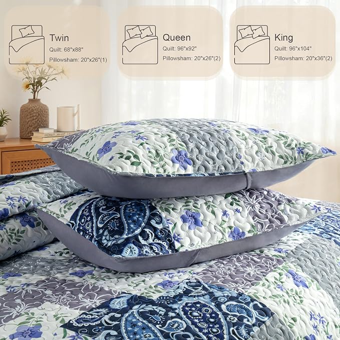Whale Flotilla Patchwork Quilts Queen Size, Soft Boho Floral Bedspreads - Image 5