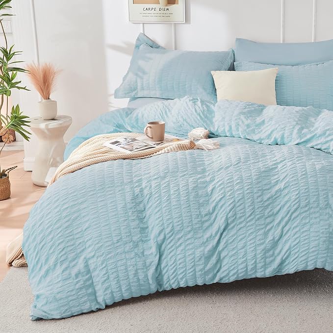 HYMOKEGE Lake Blue King Size Comforter Set Seersucker 7 Pieces, All Season - Image 2
