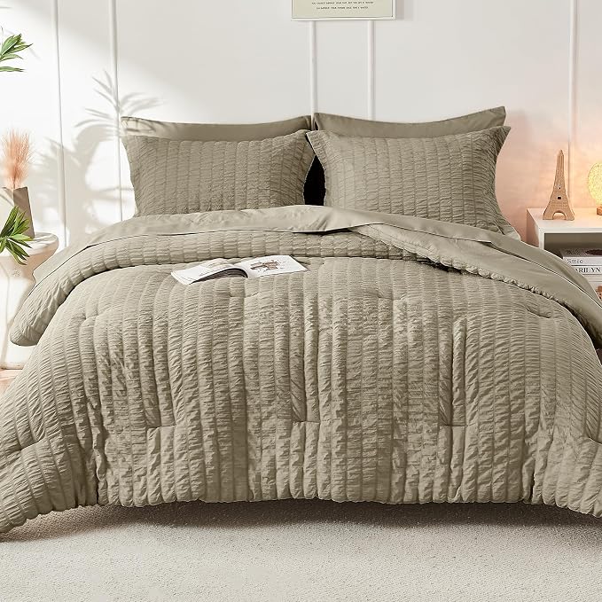 HYMOKEGE Linen Queen Comforter Set Seersucker 7 Pieces, All Season Luxury Bed - Image 9