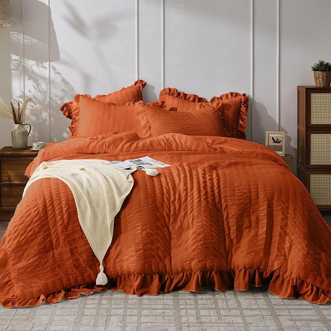 JOLLYVOGUE Burnt Orange Queen Comforter Set, 3 Pieces Seersucker Comforters by JOLLYVOGUE