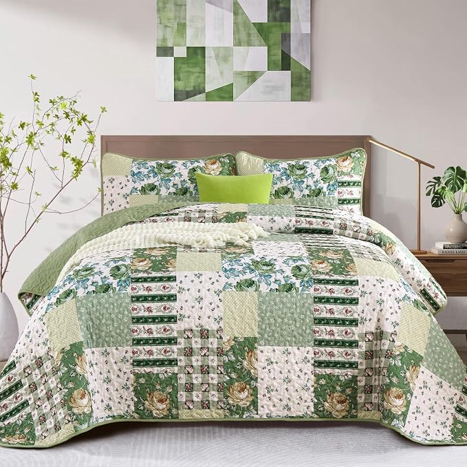 Anibedding Patchwork Quilt Set King Size Sage Green Floral Bedspread Coverlet by Anibedding
