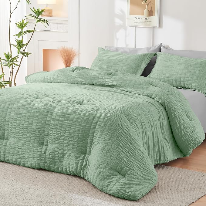 HYMOKEGE Sage Green/Light Grey California King Comforter Set Seersucker 7 Pieces - Image 8