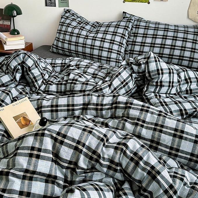 mixinni Vintage Grey & Pale Blue Buffalo Plaid Duvet Cover Set King Size - Image 3