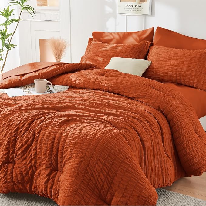 HYMOKEGE Burnt Orange Twin Comforter Set Seersucker 5 Pieces, All Season Luxury by HYMOKEGE