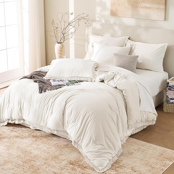Andency Oversized King Size Comforter Set Beige 128x120, 3 Pieces Boho Soft - Image 4