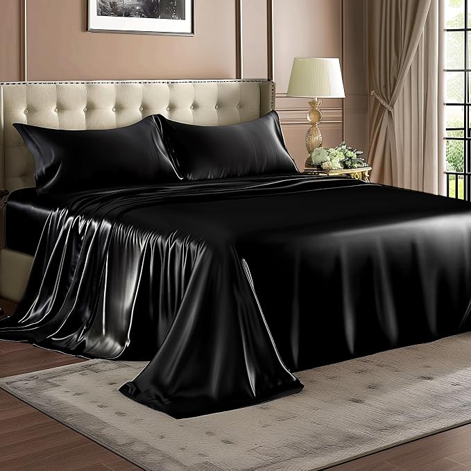 BEDELITE Satin Sheets Twin XL Size Bed Set, Luxury Soft Black Silky Sheets - Image 8