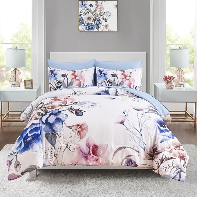 Luxudecor Floral Comforter Set Full Size 7 Piece, Elegant Floral Comforter by Luxudecor