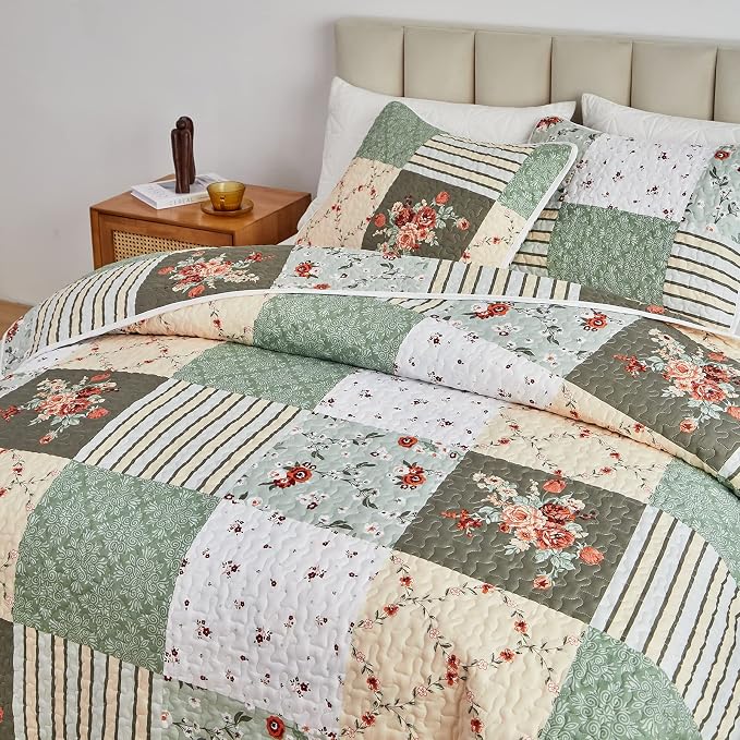 Patchwork Quilt Set King Size, 3 Pieces Green Floral Plaid Summer Bedspread - Image 4