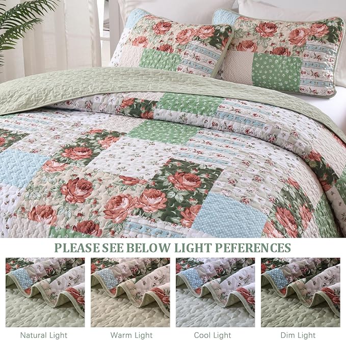 Anibedding 3 Pieces Green Patchwork Quilt Set Queen Size, Bohemian Red Flower - Image 8