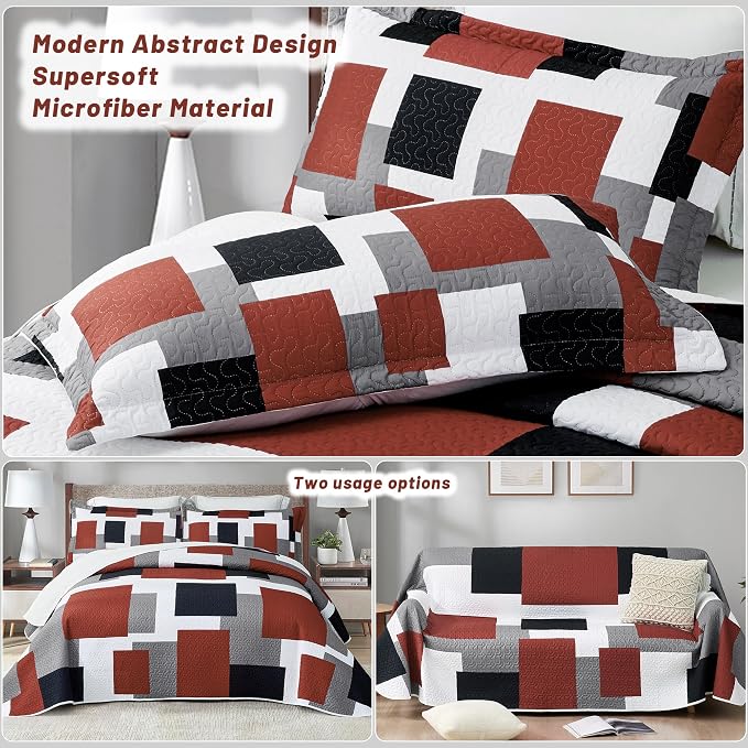 Tyrot 3 Piece Burnt Orange Grey Quilt Set King Size Black White Gray Geometric - Image 3