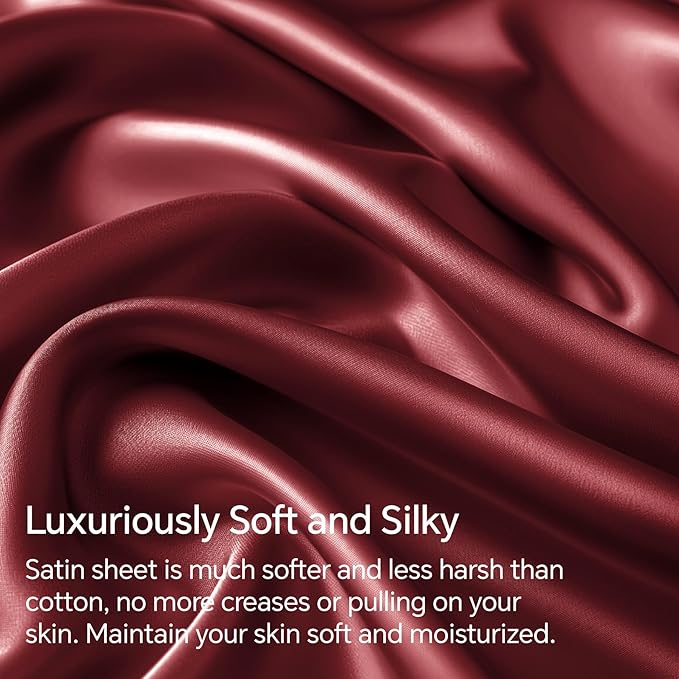 BEDELITE Satin Sheets Twin XL Size Bed Set, Luxury Soft Burgundy Silky Sheets - Image 3