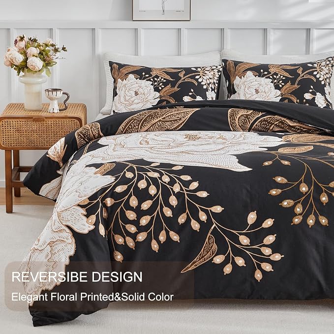 mixinni Black Floral Duvet Cover Twin XL Size, 3 Pieces Garden Style Botanical - Image 3