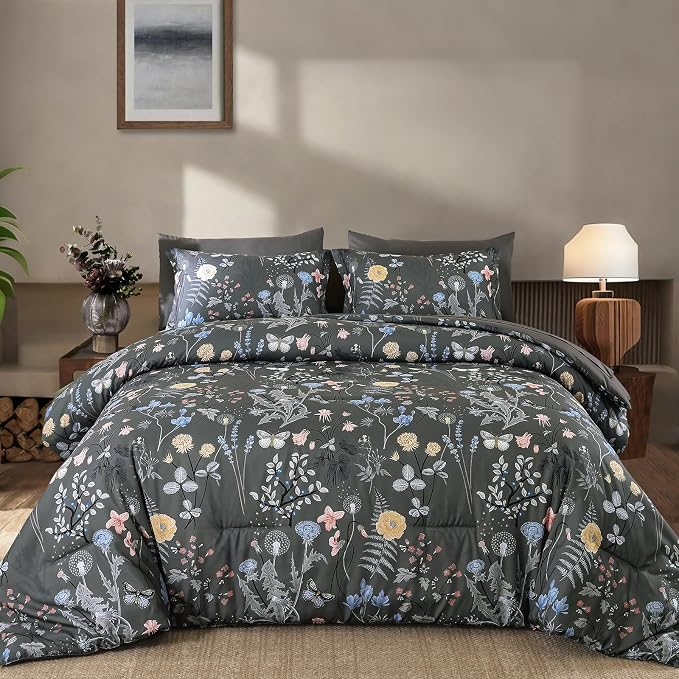 Yiran 7 Piece Grey Floral Comforter Set King Size, Botanical Flowers Bed in a - Image 9
