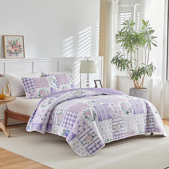 Joyreap 2 Pieces Floral Quilt Set Twin, Patchwork Purple n Pink Flowers Design - Image 2