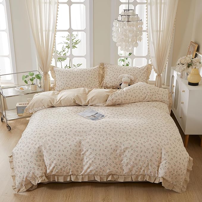 mixinni Beige Floral Duvet Cover Twin Size, 100% Cotton Cute Strawberry Floral - Image 9