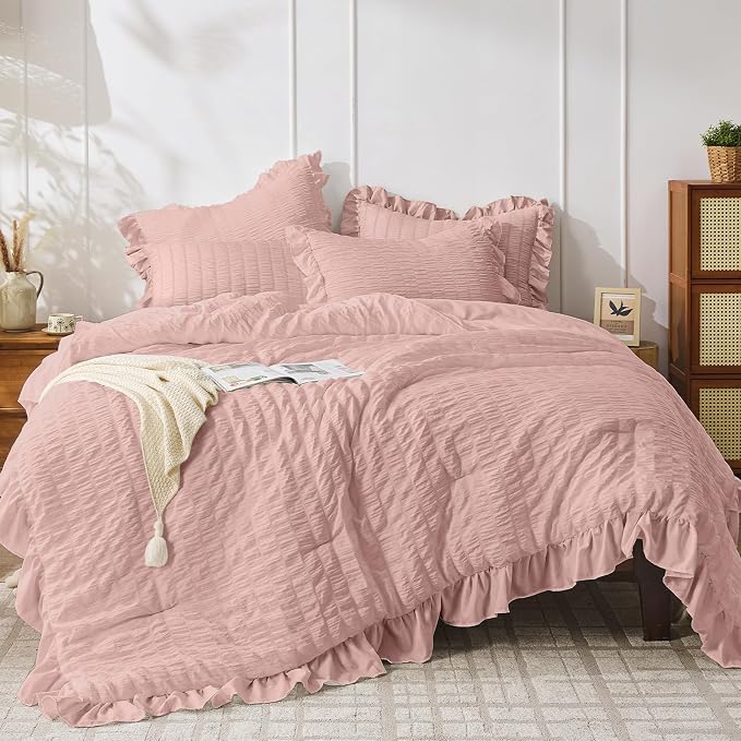 JOLLYVOGUE Full Size Comforter, 3 Pieces Rose Gold Seersucker Lightweight Full by JOLLYVOGUE