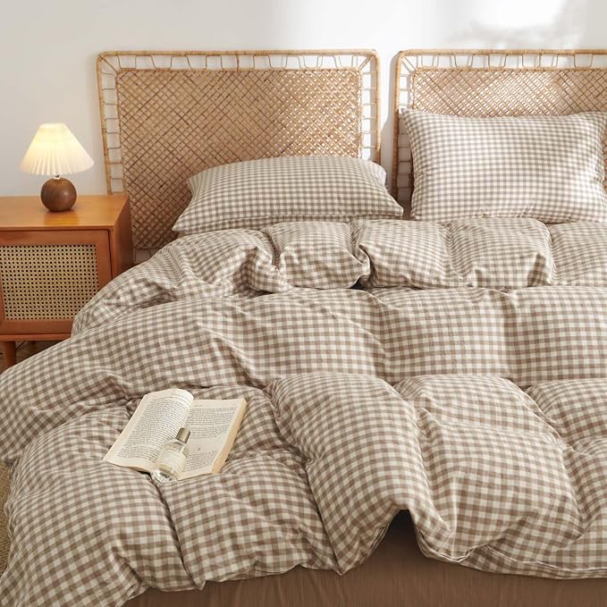 Nayoroom Gingham Duvet Cover Twin Size 100% Washed Cotton Brown Tan Plaid by Nayoroom