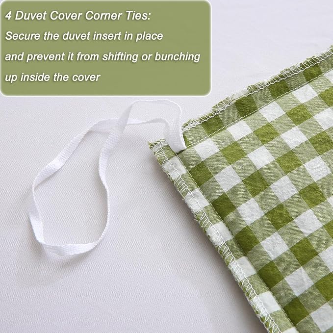 Silnuo Olive Green/White Checkered Ruffle 3-Piece Duvet Cover Set Full Size - Image 7
