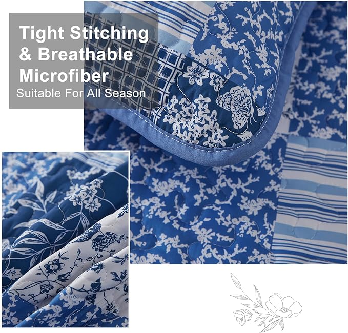 Mybedsoul Blue Boho Quilt Set King Size, 3 Pieces Plaid Floral Bedspread - Image 3